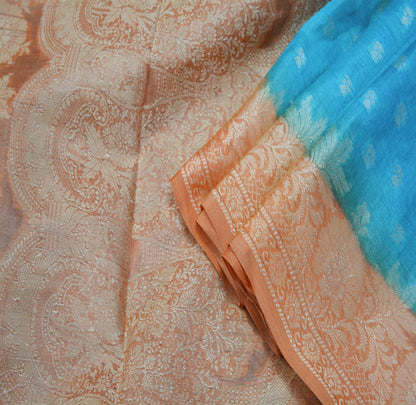Indian Vintage Sari Blue & Saffron Pure Tussar Silk Hand Woven Sarees Fabric 5Yard Sewing Coarse Ethnic