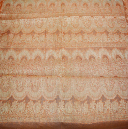 Indian Vintage Sari Blue & Saffron Pure Tussar Silk Hand Woven Sarees Fabric 5Yard Sewing Coarse Ethnic