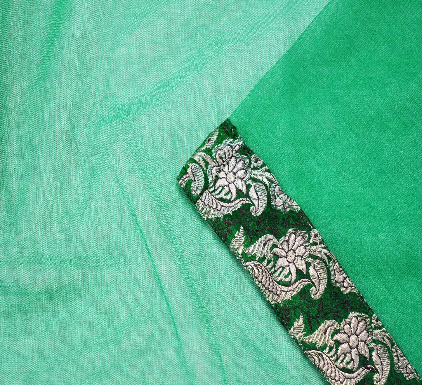 FREE EXPEDITED SHIPPING Indian Vintage Green Dupatta Net Mesh Long Stole Woven Scarves Brocade border work silver zari