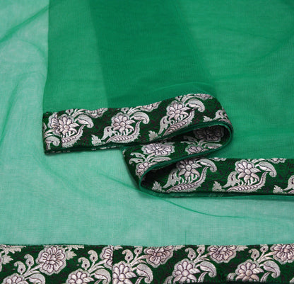 FREE EXPEDITED SHIPPING Indian Vintage Green Dupatta Net Mesh Long Stole Woven Scarves Brocade border work silver zari