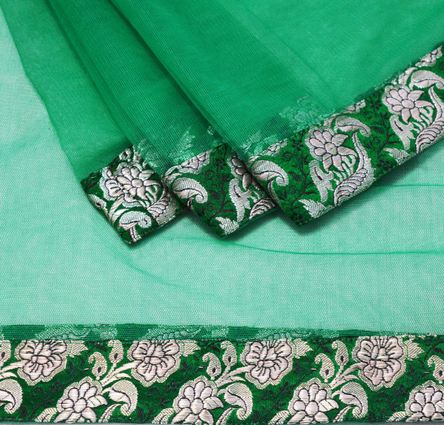 FREE EXPEDITED SHIPPING Indian Vintage Green Dupatta Net Mesh Long Stole Woven Scarves Brocade border work silver zari