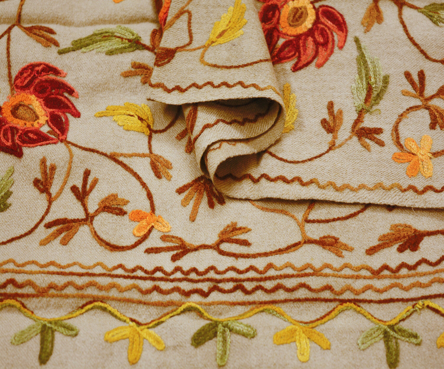 Vintage Pure Woolen Shawl Handmade Ari work Long Throw Stole Warm Stole Beige Floral Design