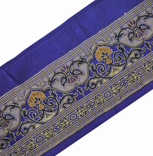 Indian Vintage Sari Border Blue Woven Brocade Trim Craft Sewing Recycled Sari Border Satin Silk Home Decor Crafting Floral Design