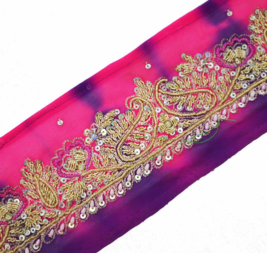 Indian Vintage PInk & Purple Sari Border Hand Embroidered Indian Craft Trim Lace Sewing Sari Ribbon Recycled Sari Border Zardozi Dabka Decor