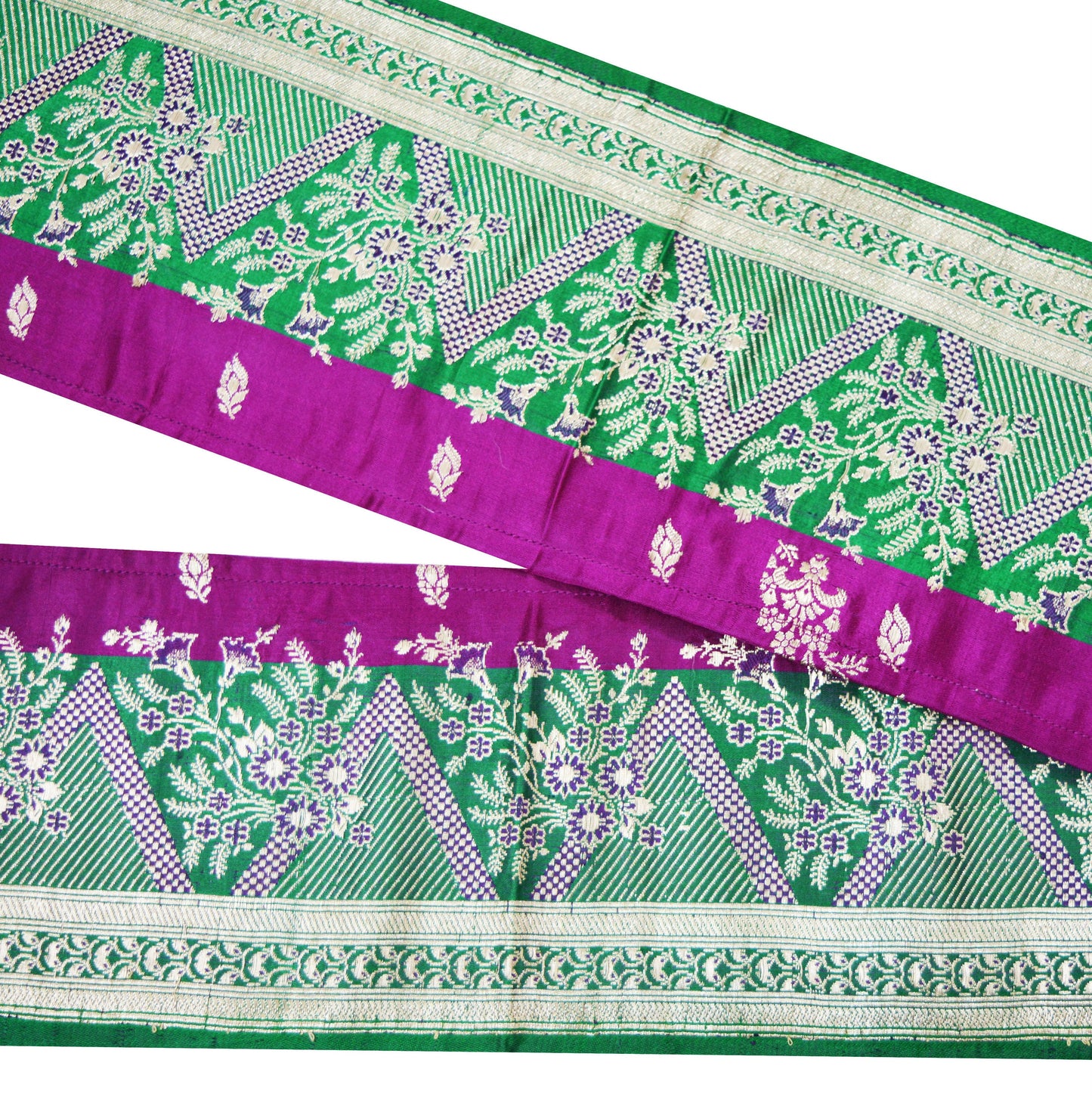 Indian Vintage Sari Border Purple & Green Woven Banarasi Brocade Trim Craft Sewing Recycled Sari Border Silver Zari Satin Silk Crafting