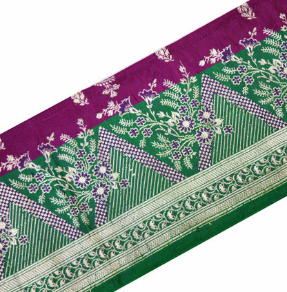 Indian Vintage Sari Border Purple & Green Woven Banarasi Brocade Trim Craft Sewing Recycled Sari Border Silver Zari Satin Silk Crafting