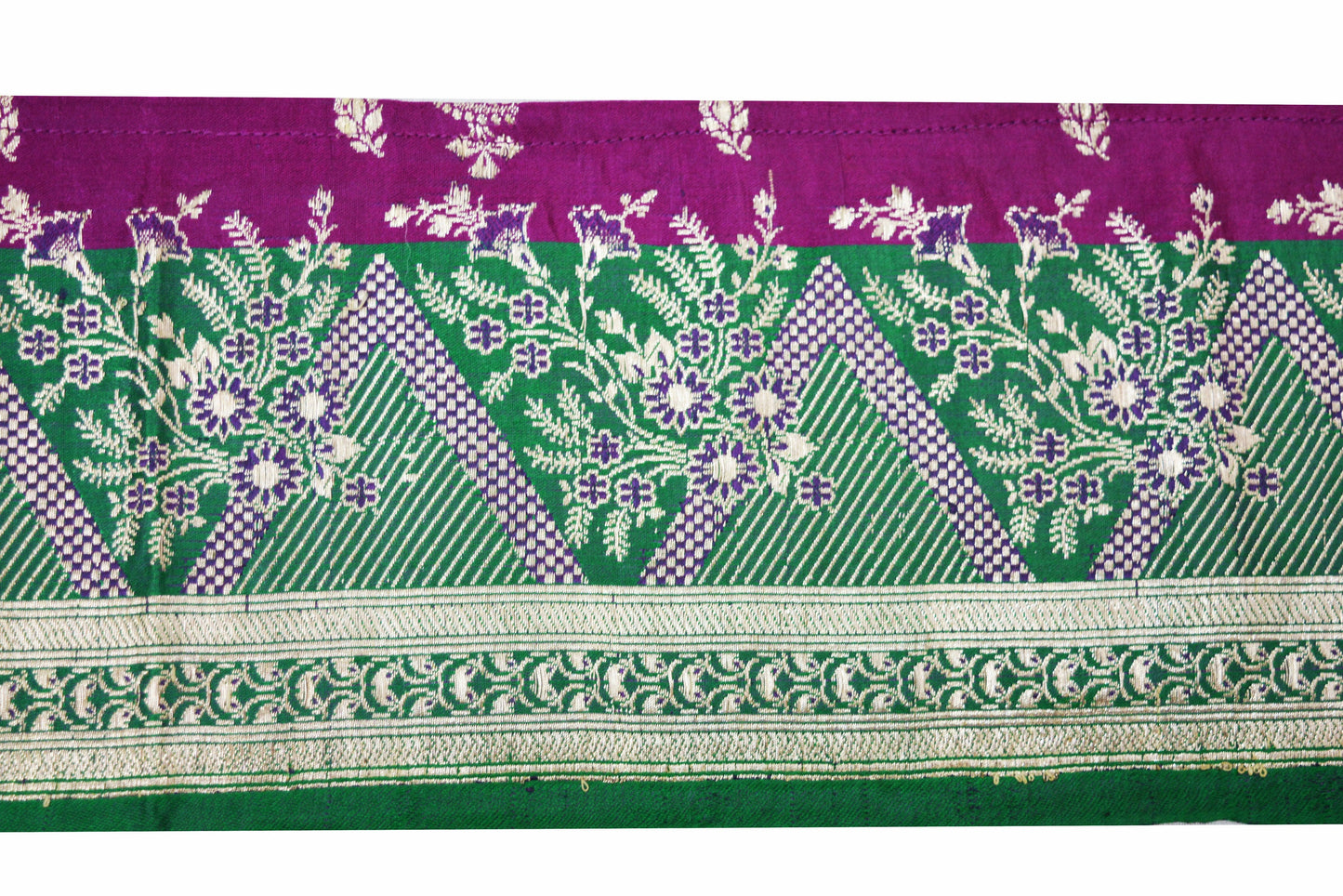 Indian Vintage Sari Border Purple & Green Woven Banarasi Brocade Trim Craft Sewing Recycled Sari Border Silver Zari Satin Silk Crafting