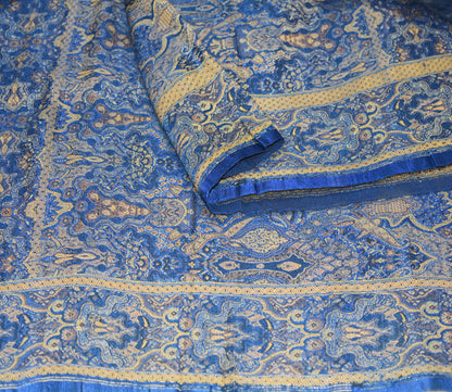 Vintage Blue Pure Satin silk Banarasi Brocade Hand Woven Fabric Design Indian Fabric 36"X43" Floral Design Sewing Ethnic