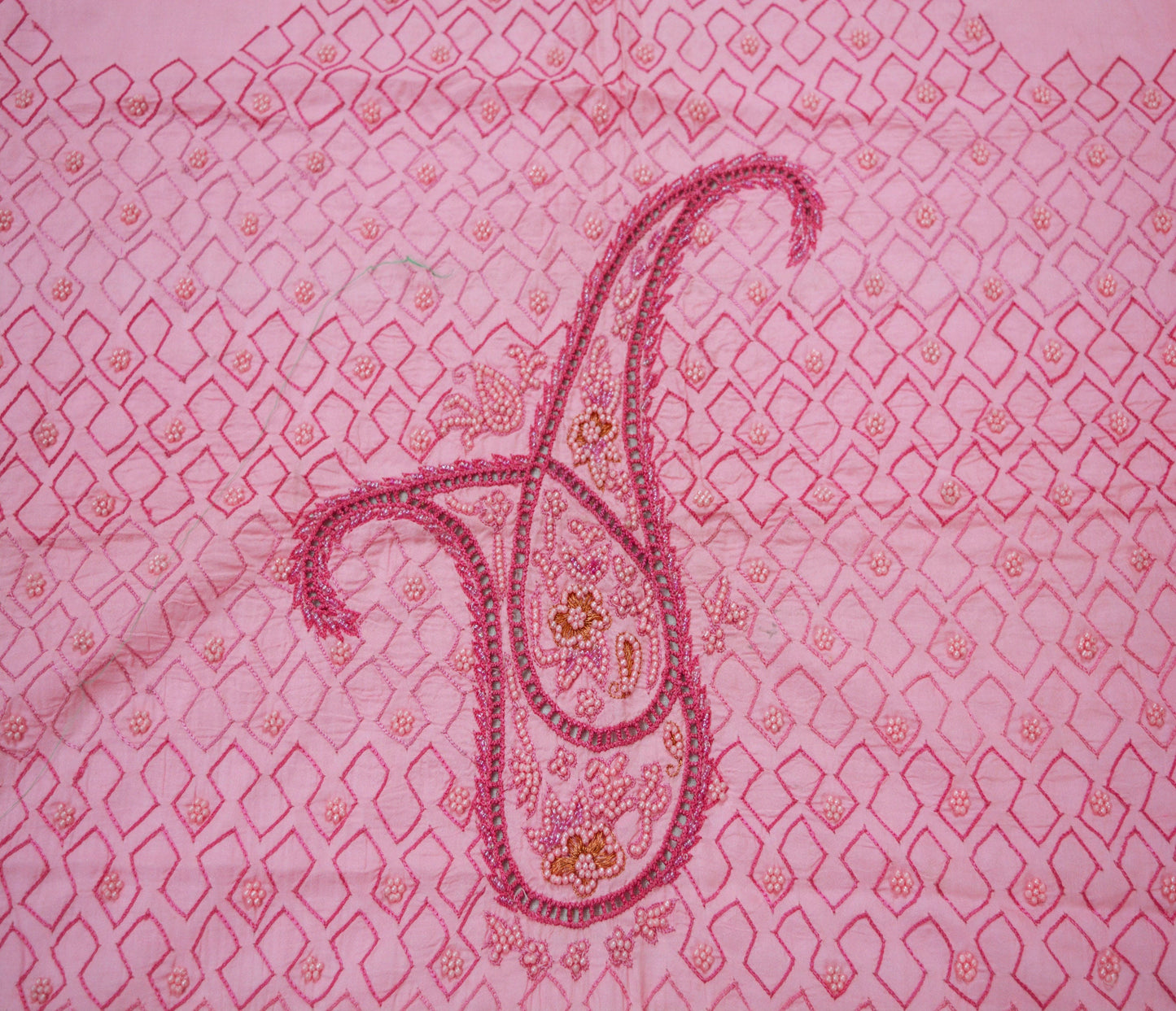 Vintage Pink 100% Pure Silk Hand Embroidered Design Fabric 36"X43" Paisley Design Crafting Sewing Quilting Fringes Beaded Work