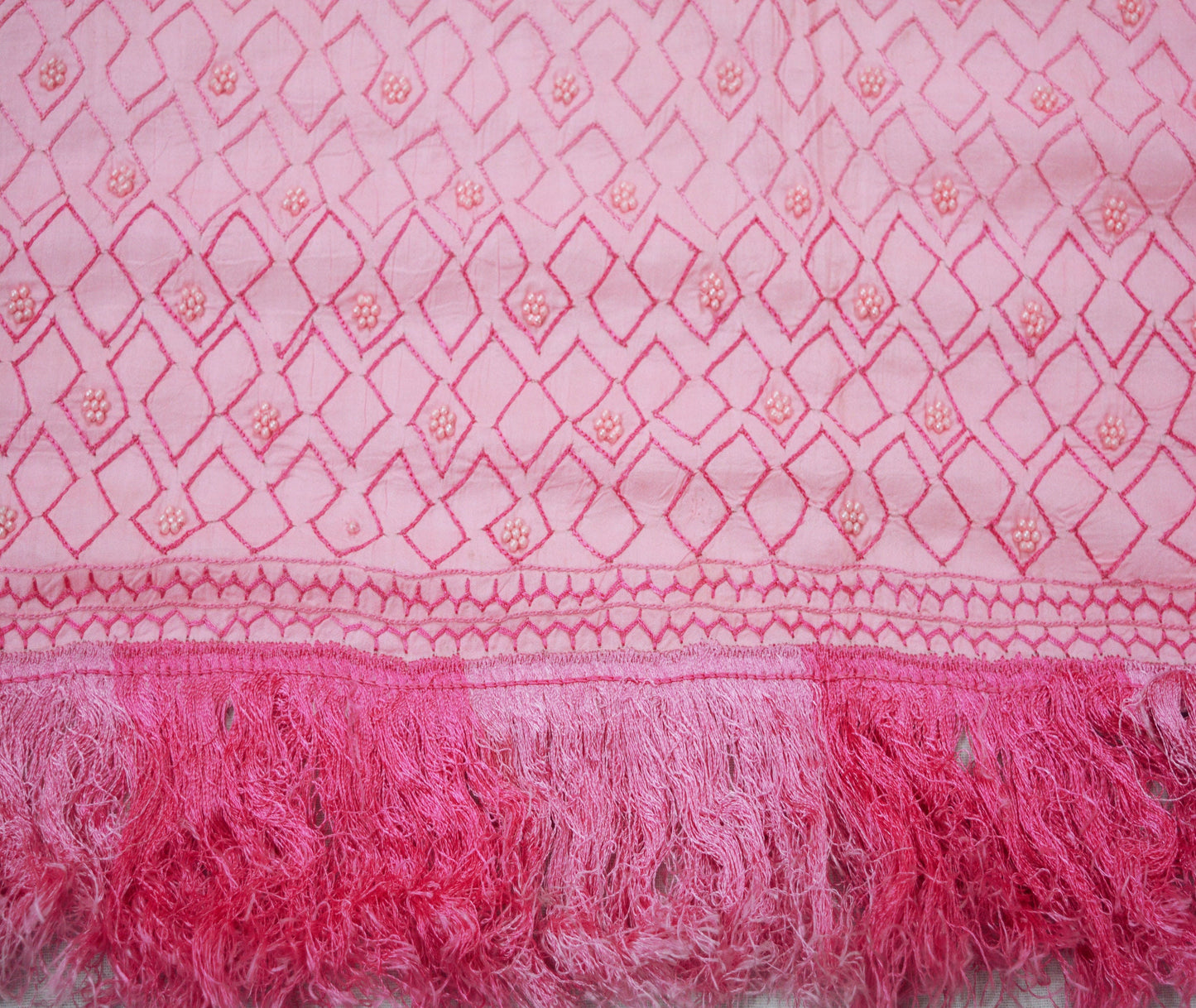 Vintage Pink 100% Pure Silk Hand Embroidered Design Fabric 36"X43" Paisley Design Crafting Sewing Quilting Fringes Beaded Work