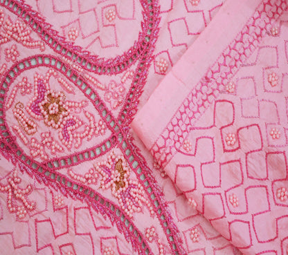 Vintage Pink 100% Pure Silk Hand Embroidered Design Fabric 36"X43" Paisley Design Crafting Sewing Quilting Fringes Beaded Work