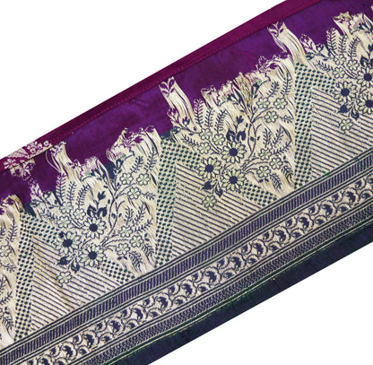 Indian Vintage Sari Border Purple & Green Woven Banarasi Brocade Trim Craft Sewing Recycled Sari Border Silver Zari Satin Silk Crafting