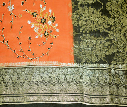 Vintage Black & Orange Pure Silk Hand Woven Design Fabric Golden Zari Indian Fabric Craft 40"X44" Floral Design Soft Fabric