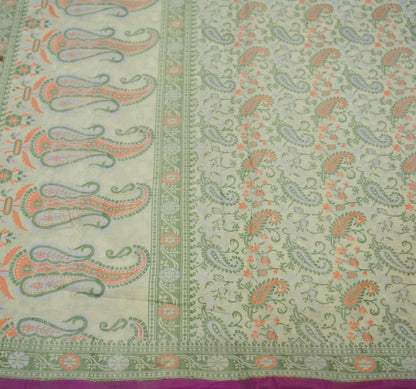 Indian Vintage Cream Heavy Saree Hand Woven 100% Pure Silk Indian Sari Fabric 5Yard Silk Sari Ethnic Floral & Paisley Design