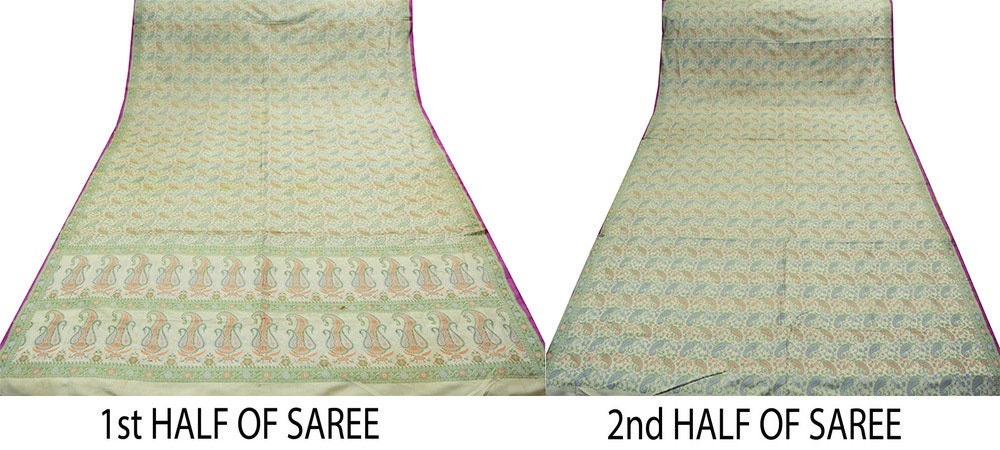 Indian Vintage Cream Heavy Saree Hand Woven 100% Pure Silk Indian Sari Fabric 5Yard Silk Sari Ethnic Floral & Paisley Design