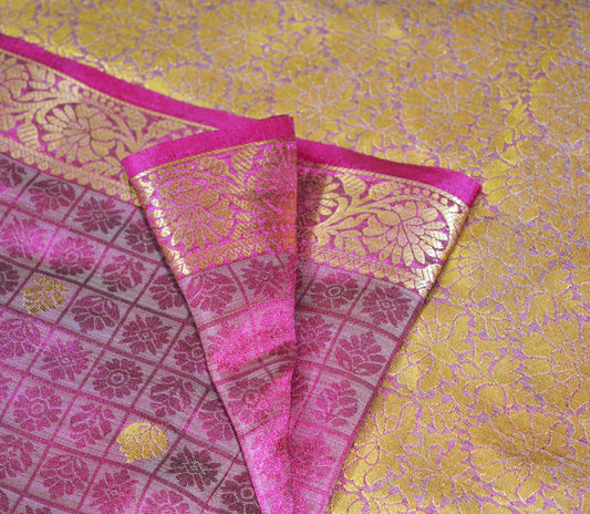 Indian Vintage Green & Purple Sarees Organza Woven Indian Sari Fabric 6Yard Sewing Ethnic Golden Zari Floral