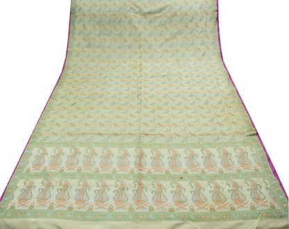 Indian Vintage Cream Heavy Saree Hand Woven 100% Pure Silk Indian Sari Fabric 5Yard Silk Sari Ethnic Floral & Paisley Design