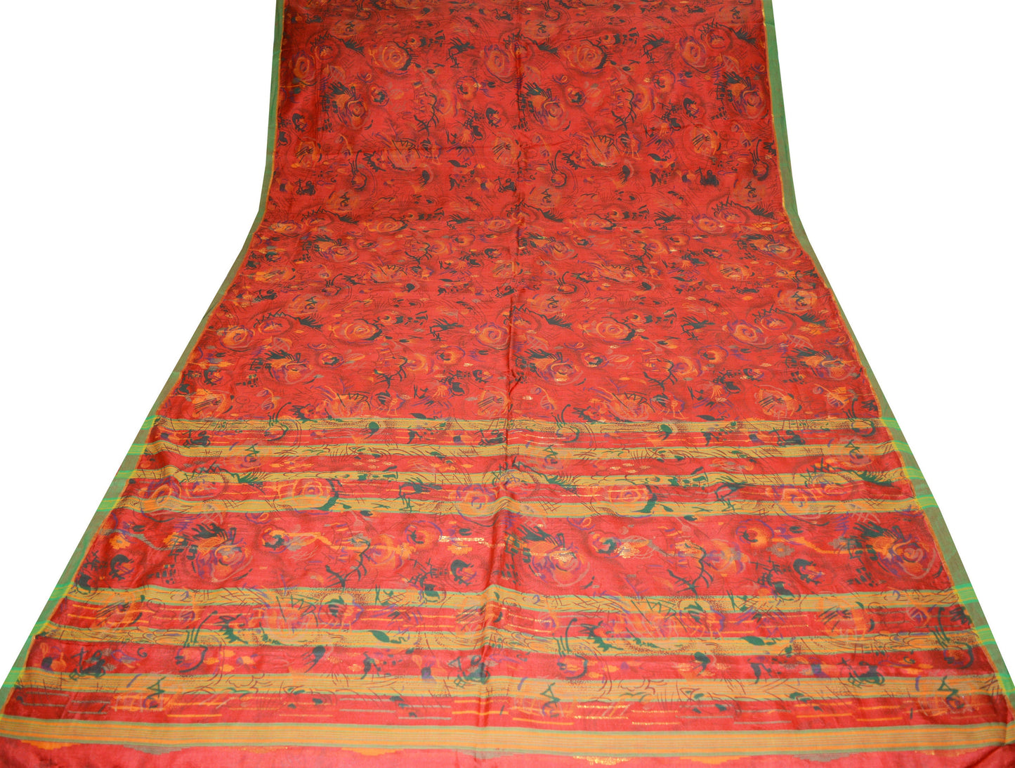 Indian Vintage Sari Red 100% Pure Silk Printed Saree 5yard Sewing Craft Fabric DressMaking Soft Golden Zari Floral