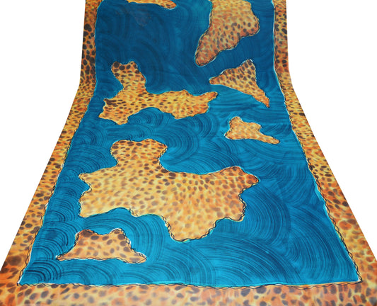 Indian Vintage Sari Blue 100% Pure Georgette Silk Leopard Printed Saree Sewing 5yd Craft Soft Dress Designing for Crafting Floral