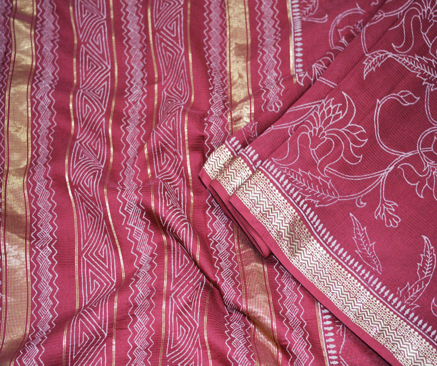 Indian Vintage Sari Maroon Block Printed Sari Pure chanderi Silk Saree Fabric 5Yard Floral Soft Golden Zari