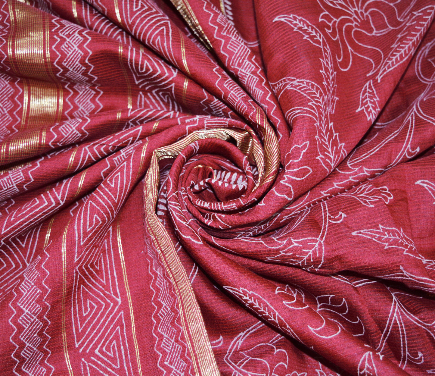 Indian Vintage Sari Maroon Block Printed Sari Pure chanderi Silk Saree Fabric 5Yard Floral Soft Golden Zari