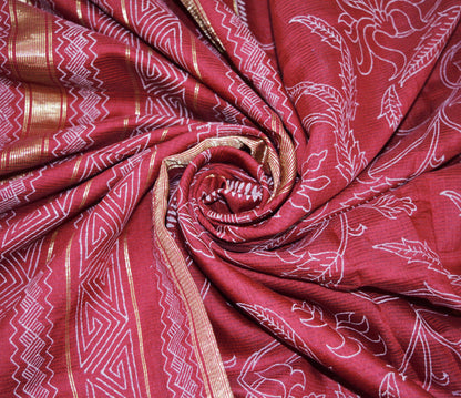 Indian Vintage Sari Maroon Block Printed Sari Pure chanderi Silk Saree Fabric 5Yard Floral Soft Golden Zari