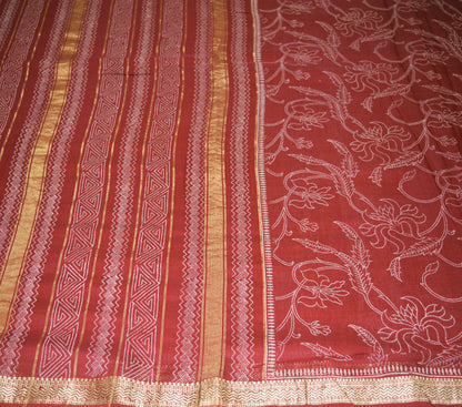 Indian Vintage Sari Maroon Block Printed Sari Pure chanderi Silk Saree Fabric 5Yard Floral Soft Golden Zari