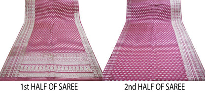 Indian Vintage Heavy Sari Wedding Pure Satin Silk Pink Woven Banarasi Brocade Saree Golden Zari 5Yard