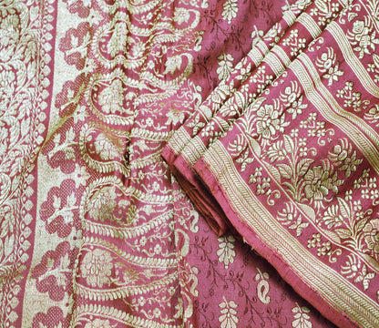 Indian Vintage Heavy Sari Wedding Pure Satin Silk Pink Woven Banarasi Brocade Saree Golden Zari 5Yard