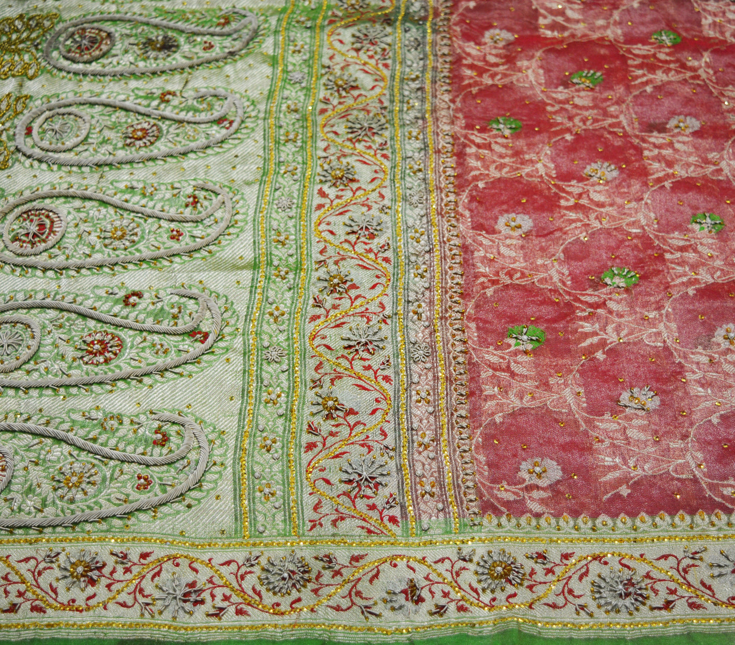 Antique Vintage Sari Green & Red Heavy Pure Silk Hand Embroidered Brocade Saree Zari/Zardozi/Dabka 5Yd