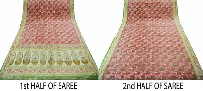 Antique Vintage Sari Green & Red Heavy Pure Silk Hand Embroidered Brocade Saree Zari/Zardozi/Dabka 5Yd