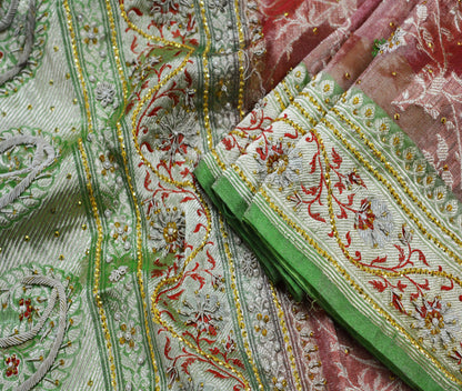 Antique Vintage Sari Green & Red Heavy Pure Silk Hand Embroidered Brocade Saree Zari/Zardozi/Dabka 5Yd