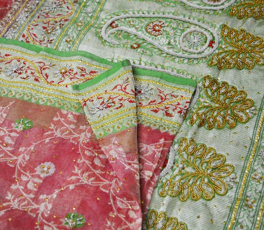 Antique Vintage Sari Green & Red Heavy Pure Silk Hand Embroidered Brocade Saree Zari/Zardozi/Dabka 5Yd