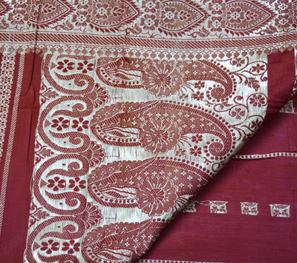 Indian Vintage Sari Maroon Heavy Wedding Pure Satin Silk Woven Banarasi Brocade Saree Golden Zari 5Yd