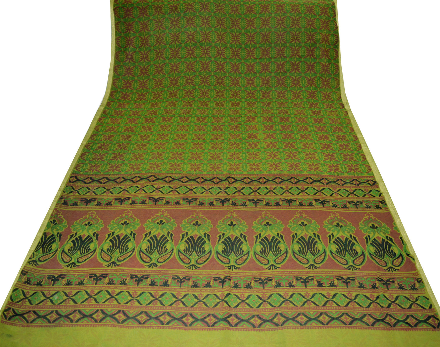 Indian Women Vintage Sari Green Georgette Printed Saree Sewing 5yard Soft Craft Floral Design Wrap Boho