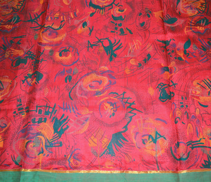 Indian Vintage Sari Red 100% Pure Silk Printed Saree 5yard Sewing Craft Fabric DressMaking Soft Golden Zari Floral