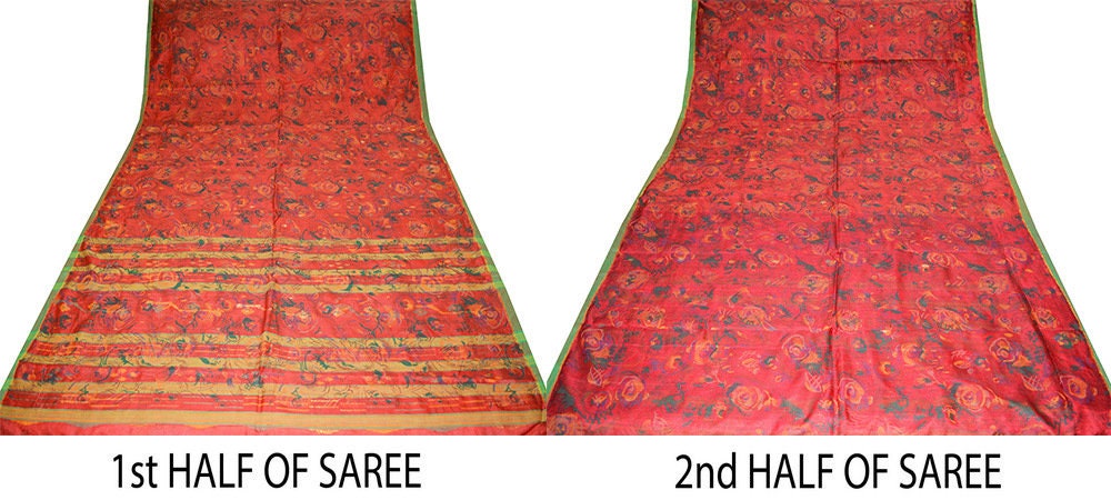 Indian Vintage Sari Red 100% Pure Silk Printed Saree 5yard Sewing Craft Fabric DressMaking Soft Golden Zari Floral