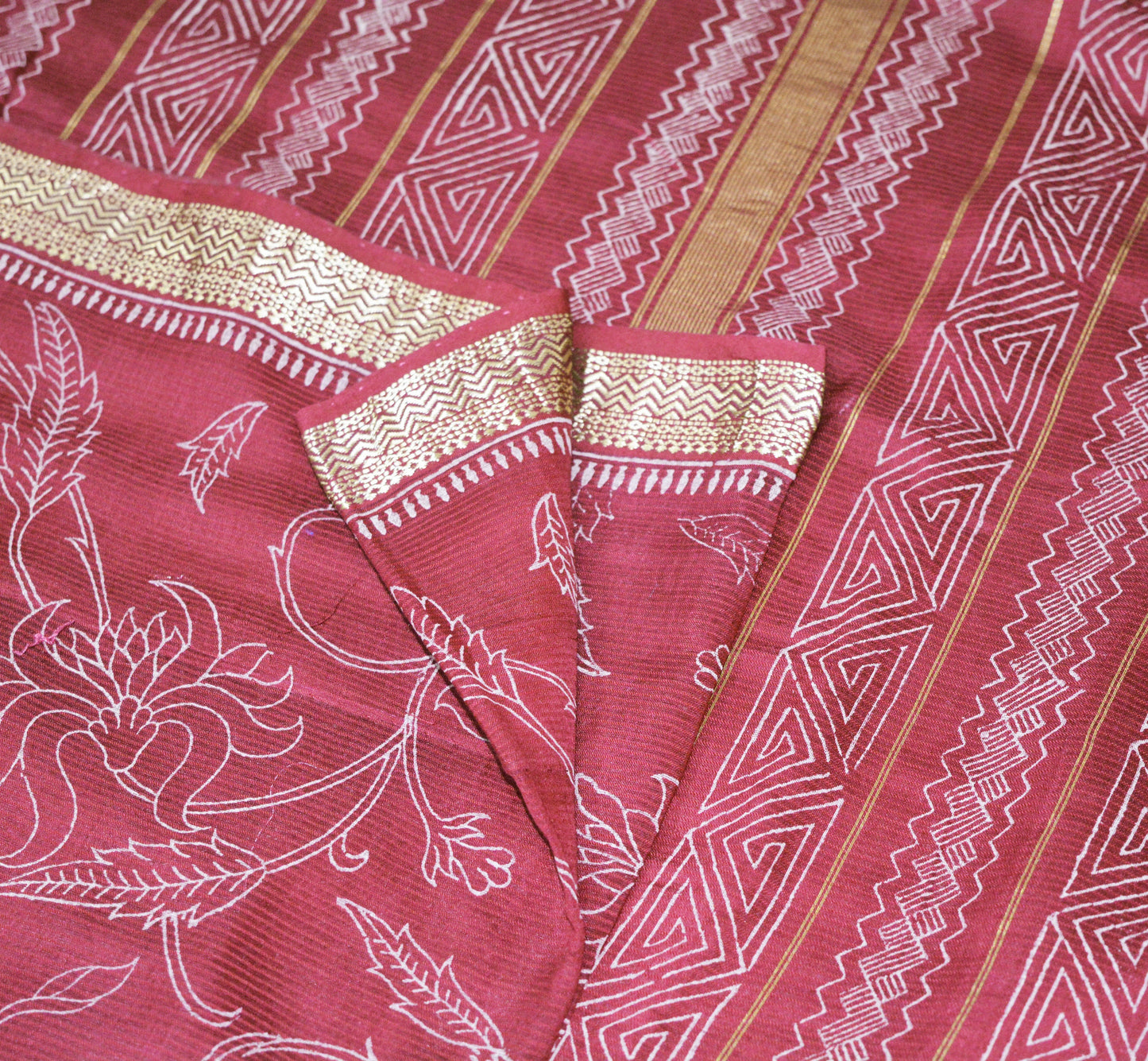 Indian Vintage Sari Maroon Block Printed Sari Pure chanderi Silk Saree Fabric 5Yard Floral Soft Golden Zari