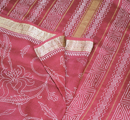 Indian Vintage Sari Maroon Block Printed Sari Pure chanderi Silk Saree Fabric 5Yard Floral Soft Golden Zari