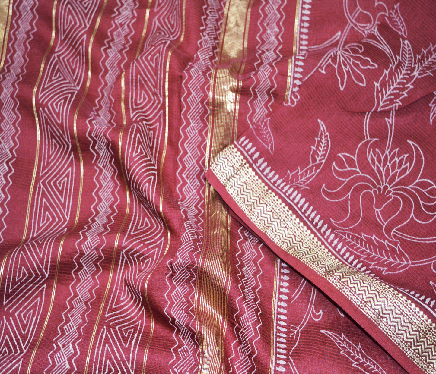 Indian Vintage Sari Maroon Block Printed Sari Pure chanderi Silk Saree Fabric 5Yard Floral Soft Golden Zari