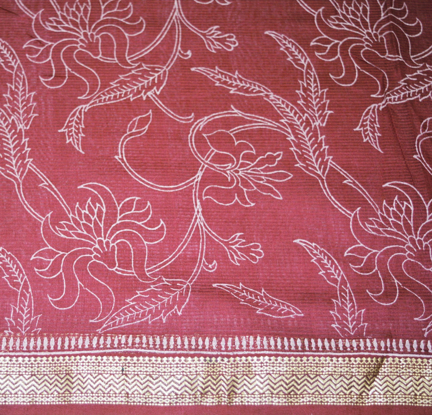 Indian Vintage Sari Maroon Block Printed Sari Pure chanderi Silk Saree Fabric 5Yard Floral Soft Golden Zari
