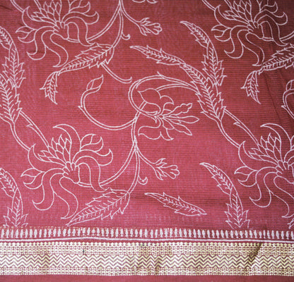 Indian Vintage Sari Maroon Block Printed Sari Pure chanderi Silk Saree Fabric 5Yard Floral Soft Golden Zari