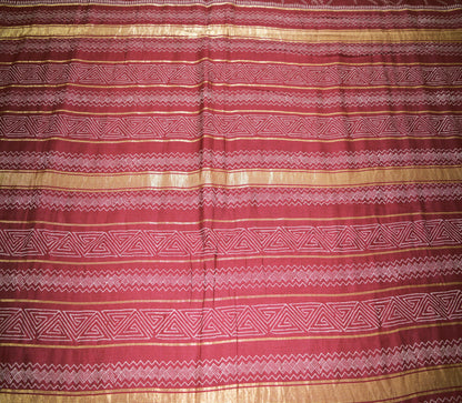 Indian Vintage Sari Maroon Block Printed Sari Pure chanderi Silk Saree Fabric 5Yard Floral Soft Golden Zari