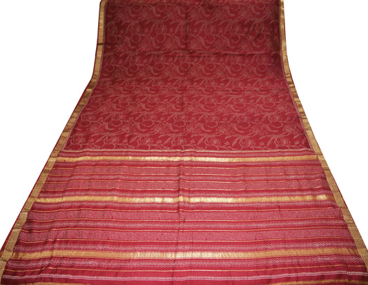 Indian Vintage Sari Maroon Block Printed Sari Pure chanderi Silk Saree Fabric 5Yard Floral Soft Golden Zari