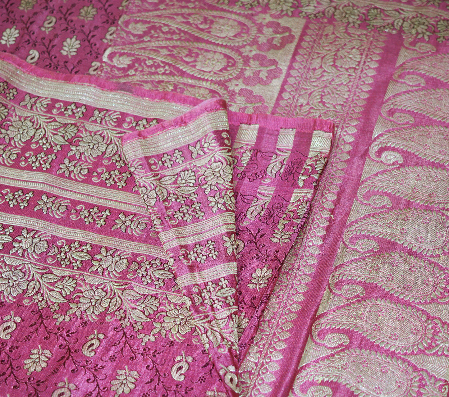 Indian Vintage Heavy Sari Wedding Pure Satin Silk Pink Woven Banarasi Brocade Saree Golden Zari 5Yard