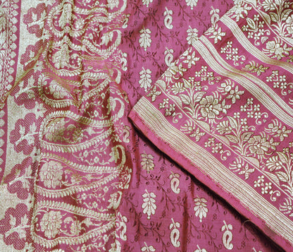 Indian Vintage Heavy Sari Wedding Pure Satin Silk Pink Woven Banarasi Brocade Saree Golden Zari 5Yard