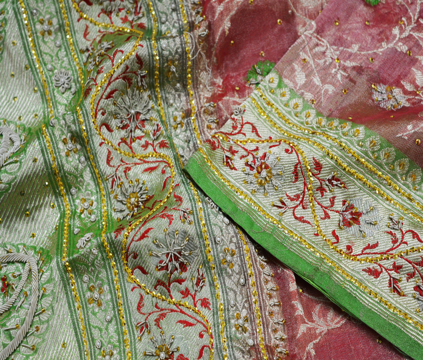 Antique Vintage Sari Green & Red Heavy Pure Silk Hand Embroidered Brocade Saree Zari/Zardozi/Dabka 5Yd