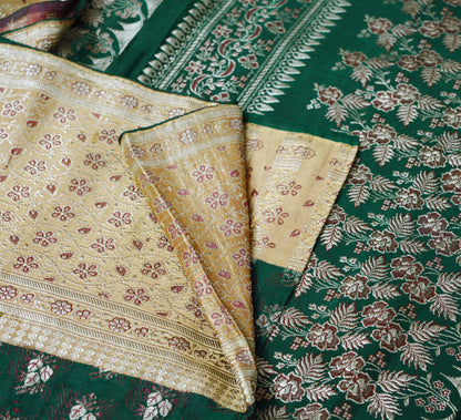 Indian Vintage Sari Brown Heavy Wedding Pure Satin Silk Woven Banarasi Brocade Saree Zari Ethnic 5Yard