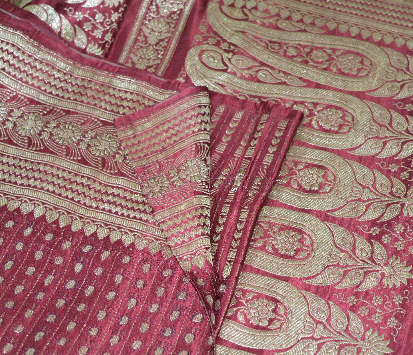 Indian Vintage Sari Maroon Heavy Wedding Pure Satin Silk Woven Banarasi Brocade Saree Golden Zari 5Yd