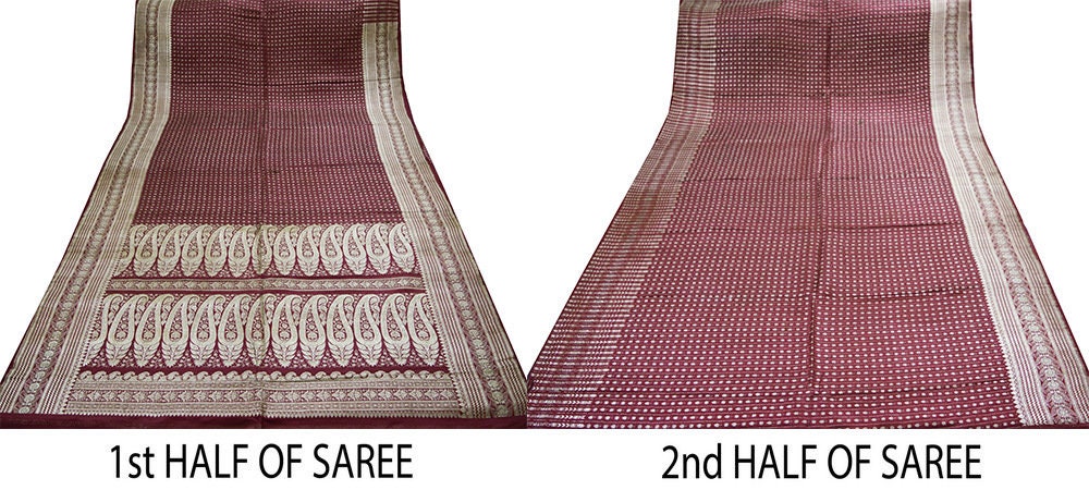 Indian Vintage Sari Maroon Heavy Wedding Pure Satin Silk Woven Banarasi Brocade Saree Golden Zari 5Yd